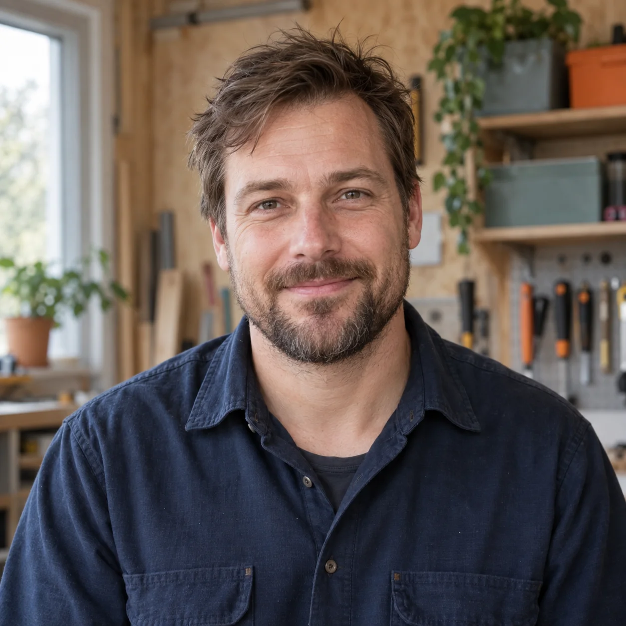 Hemmadons guide, en fiktiv AI-genererad person i en hobbyverkstad
